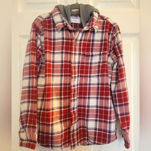 Old Navy burgundy, white, and gray hooded boys flannel shirt, size 10/12